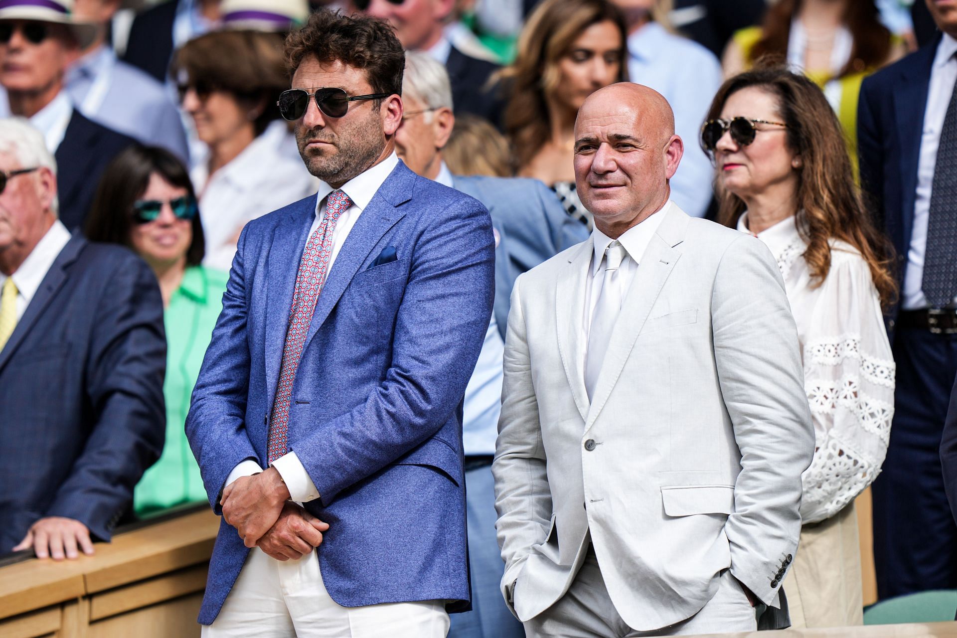 Justin Gimelstob (left) and Andre Agassi (right) at the 2024 Wimbledon Championships (Source: Getty)